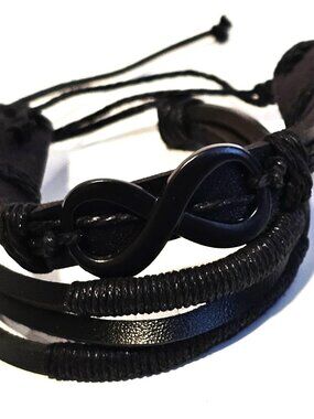 Men’s Black Leather Bracelet Set Infinity Symbol Triple Wrap Adjustable Trendy